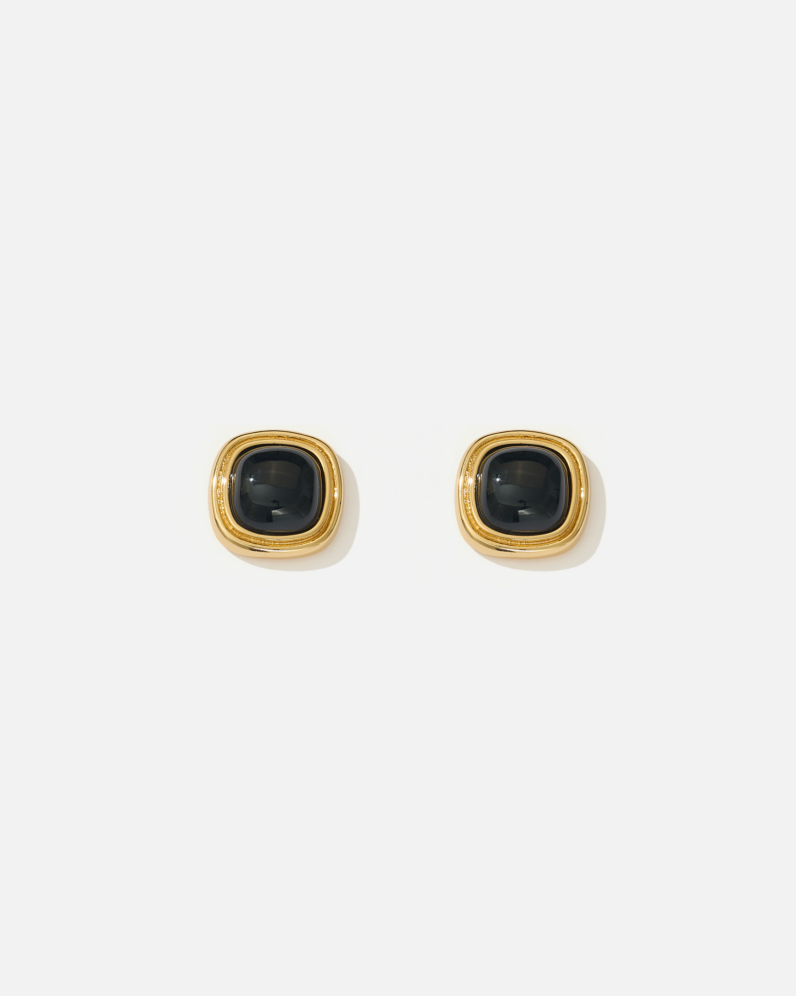 KATE Earrings – Cushion-cut Black Agate Studs Framed in 18K Gold Plating
