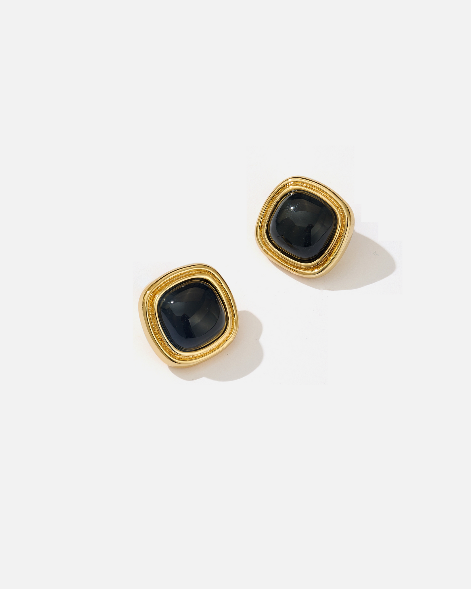 KATE Earrings – Cushion-cut Black Agate Studs Framed in 18K Gold Plating